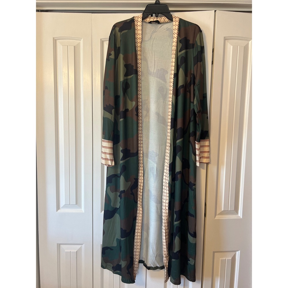 ChicMe Womens 3XL Camo Duster Cardigan Polka Dot Trim Striped Cuff Open Front